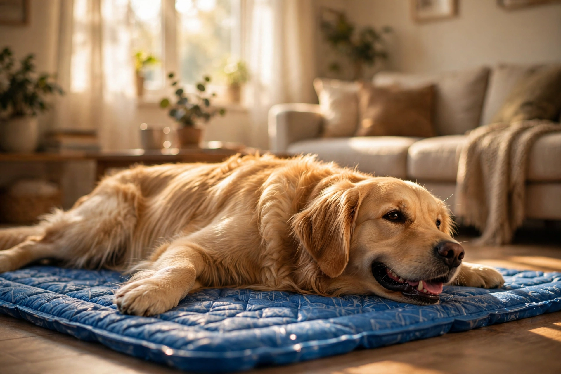 Golden retriever lying on a blue cooling mat in a sunny living room