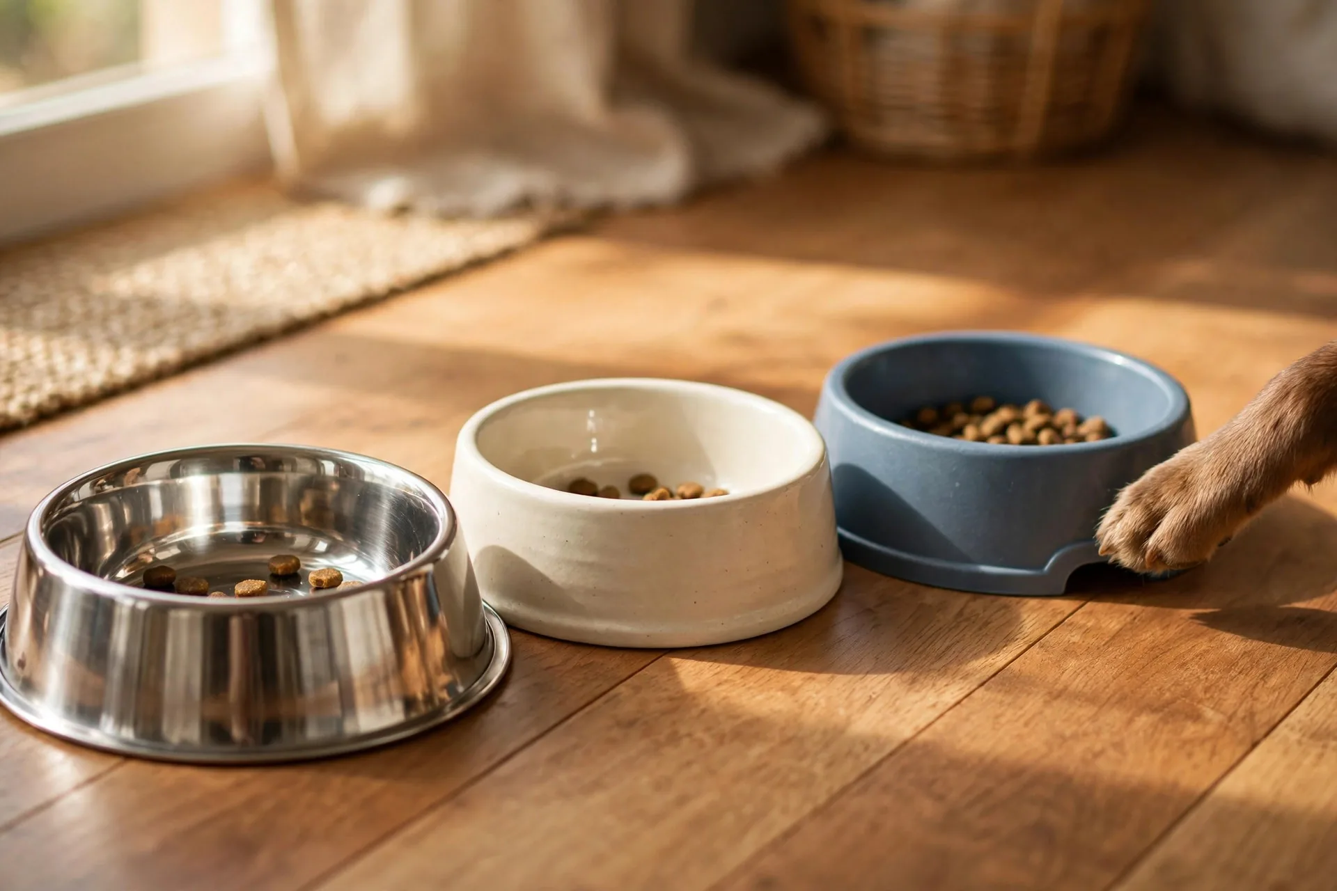 Three dog bowls side by side on a wooden floor: stainless steel, ceramic, and plastic