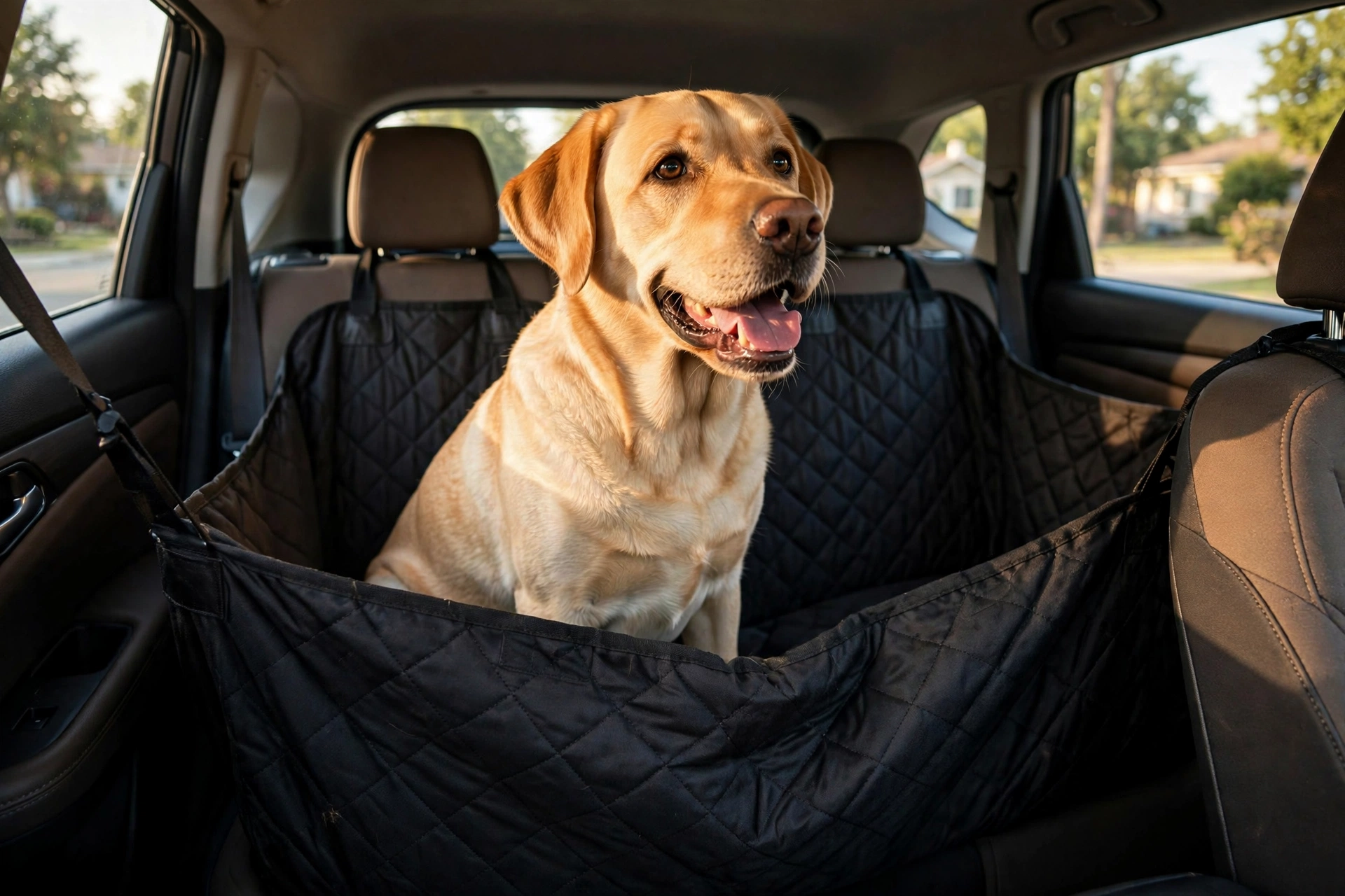 Labrador sitting in a car back seat on a quilted black hammock-style dog seat cover