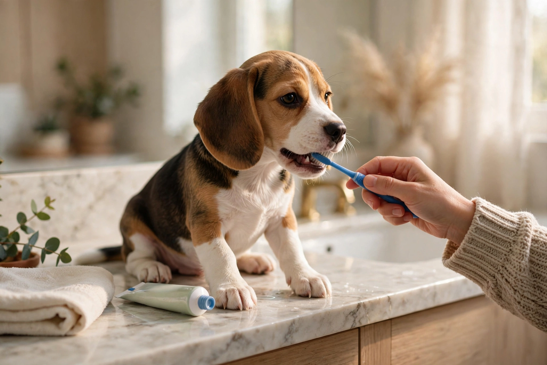 Owner gently brushing the teeth of a small beagle on a bathroom counter