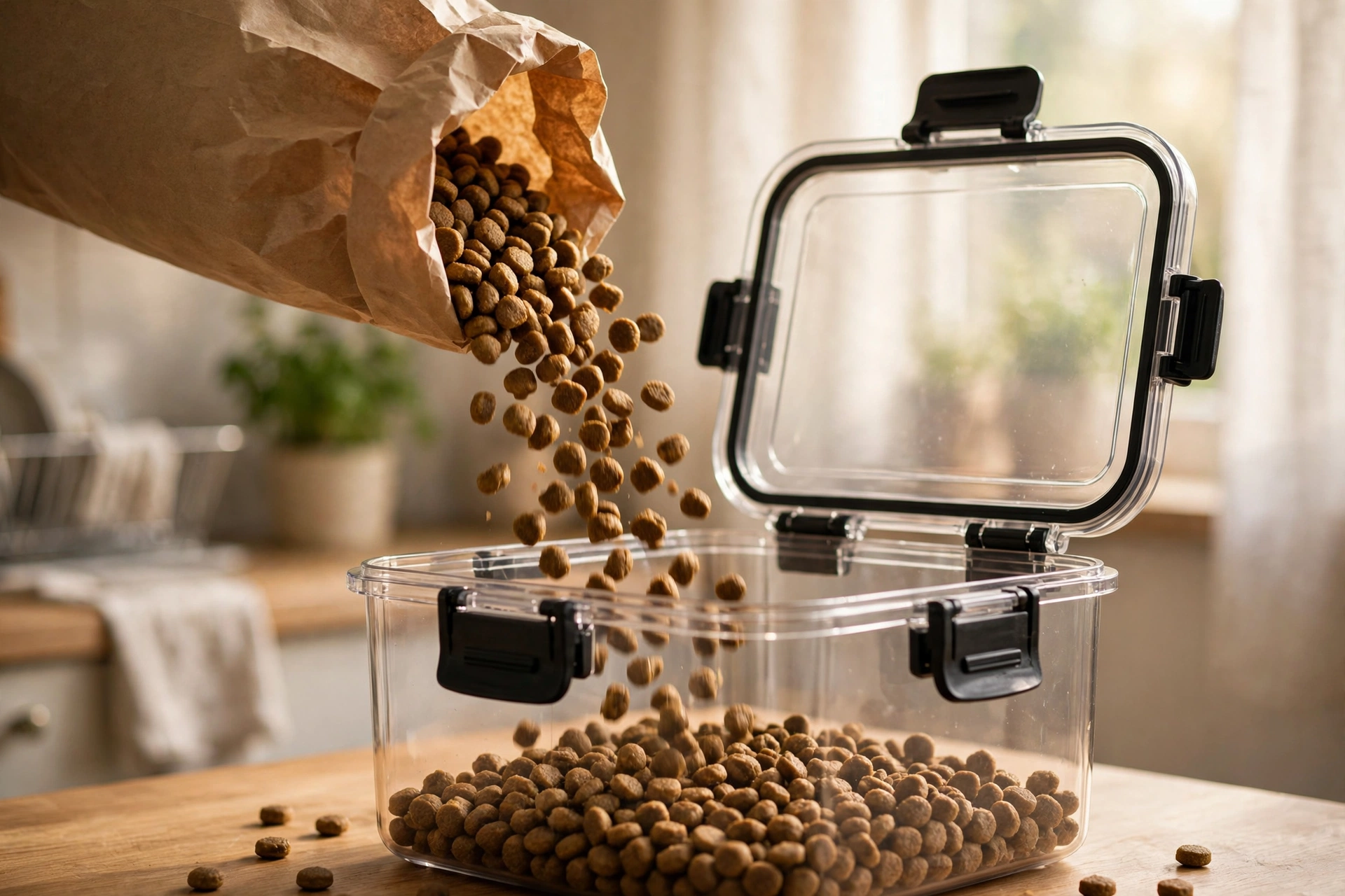 Dry dog kibble pouring from a bag into an airtight storage container on a bright kitchen counter