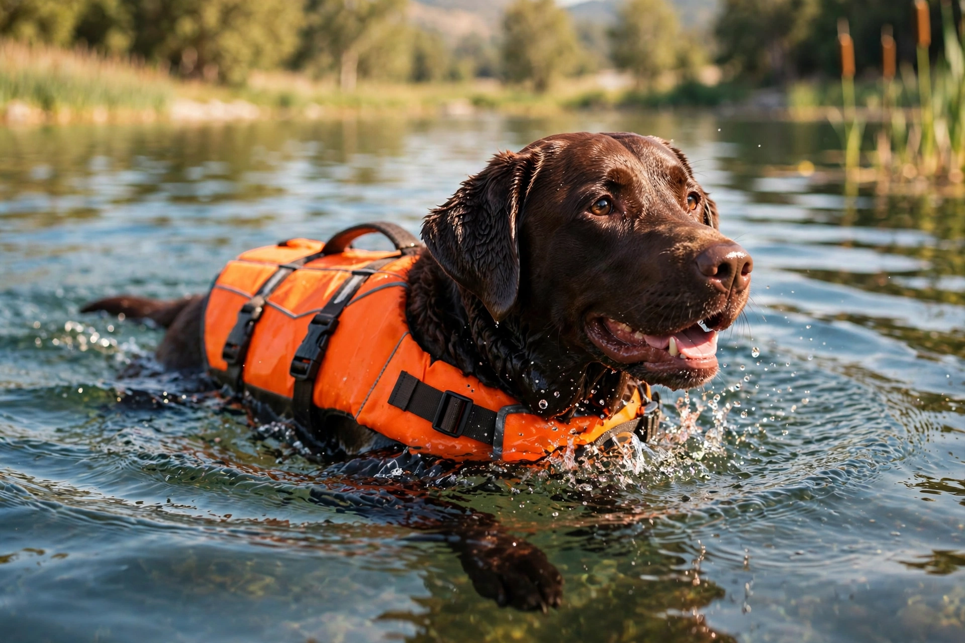 Chocolate labrador swimming in a lake wearing a bright orange dog life jacket