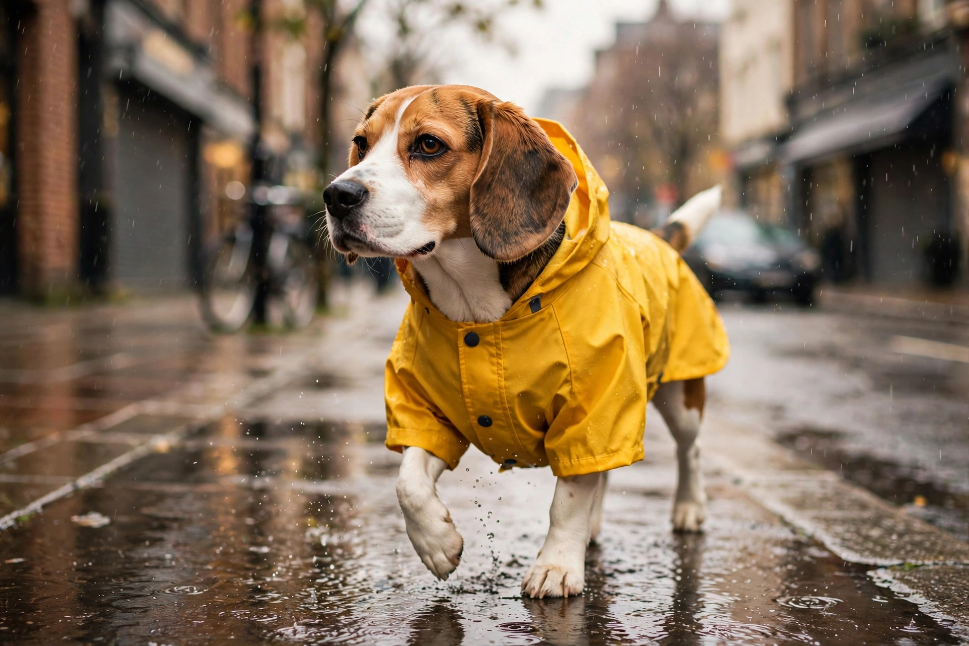 Beagle wearing a yellow raincoat on a wet rain-speckled sidewalk
