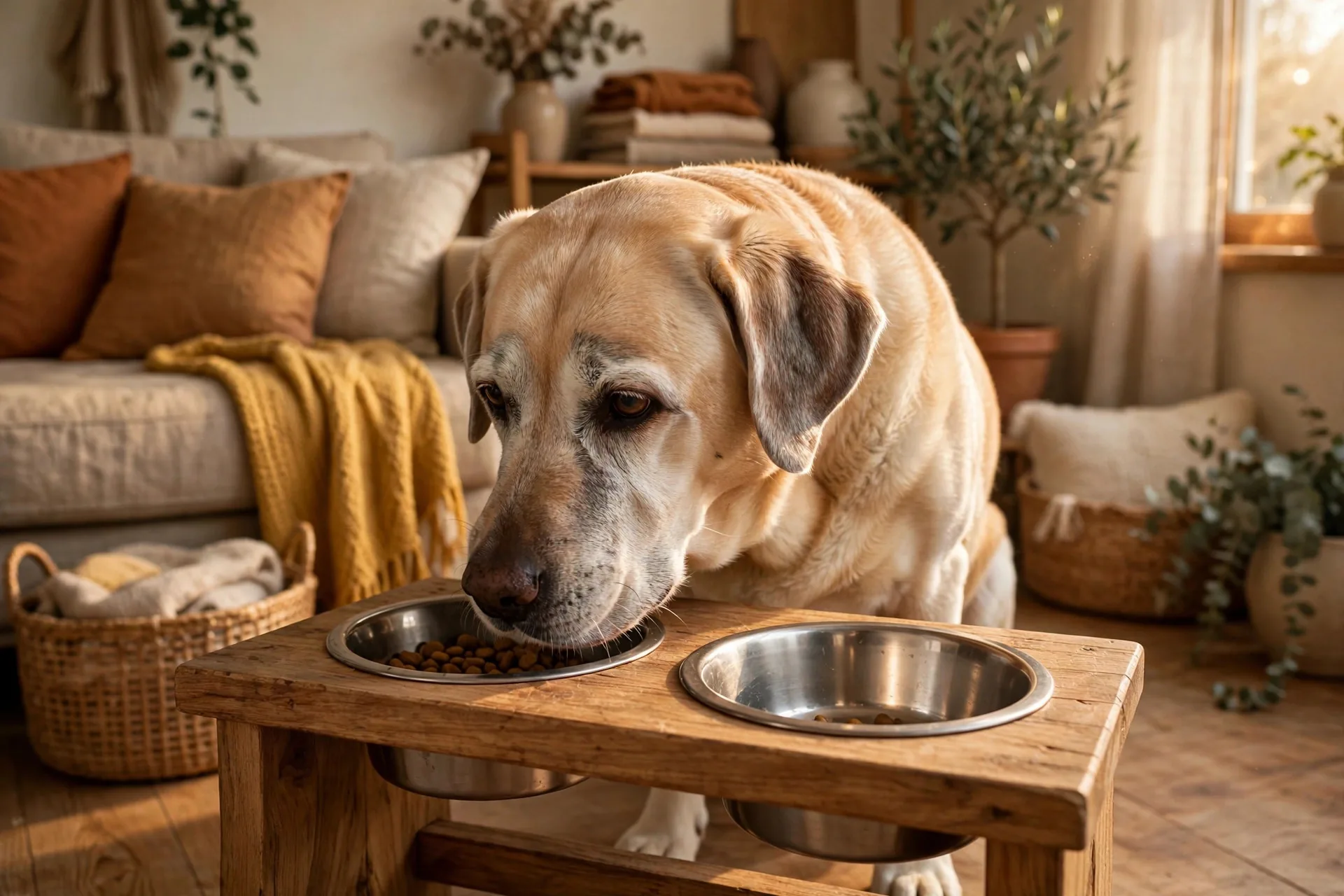 Senior grey-muzzled labrador eating comfortably from a raised wooden feeder