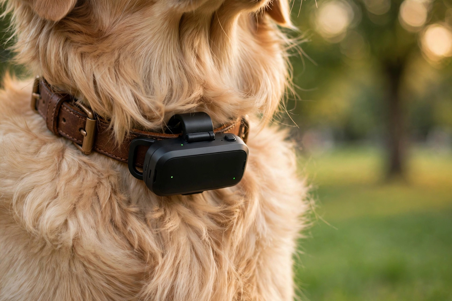Close-up of a GPS tracker on a golden retriever's collar in a park