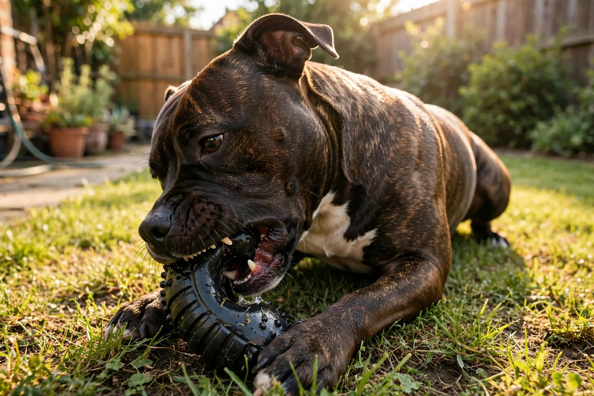 Powerful dog chewing a tough rubber toy on a backyard lawn