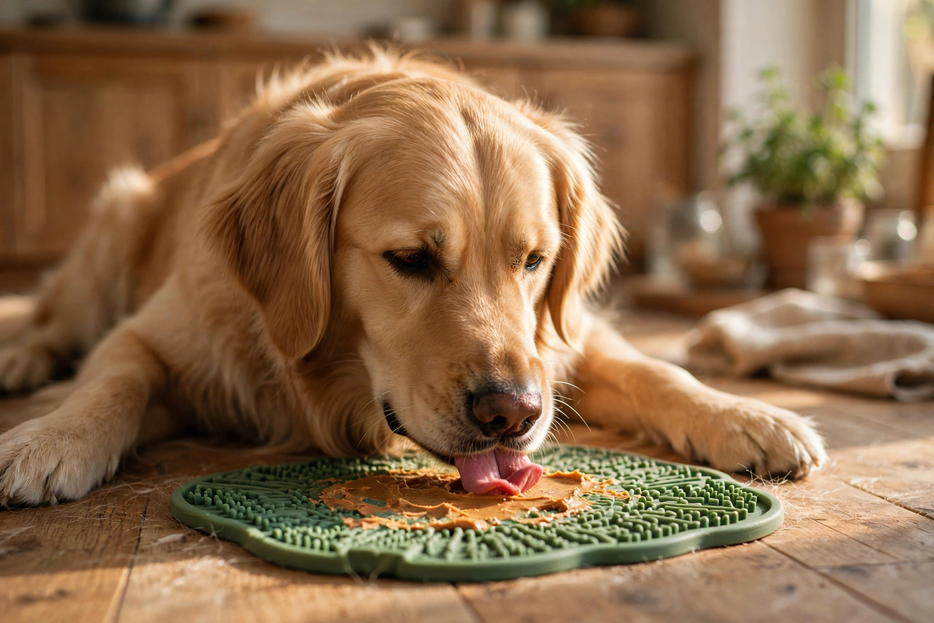 Golden retriever lying on a kitchen floor licking peanut butter from a textured green lick mat