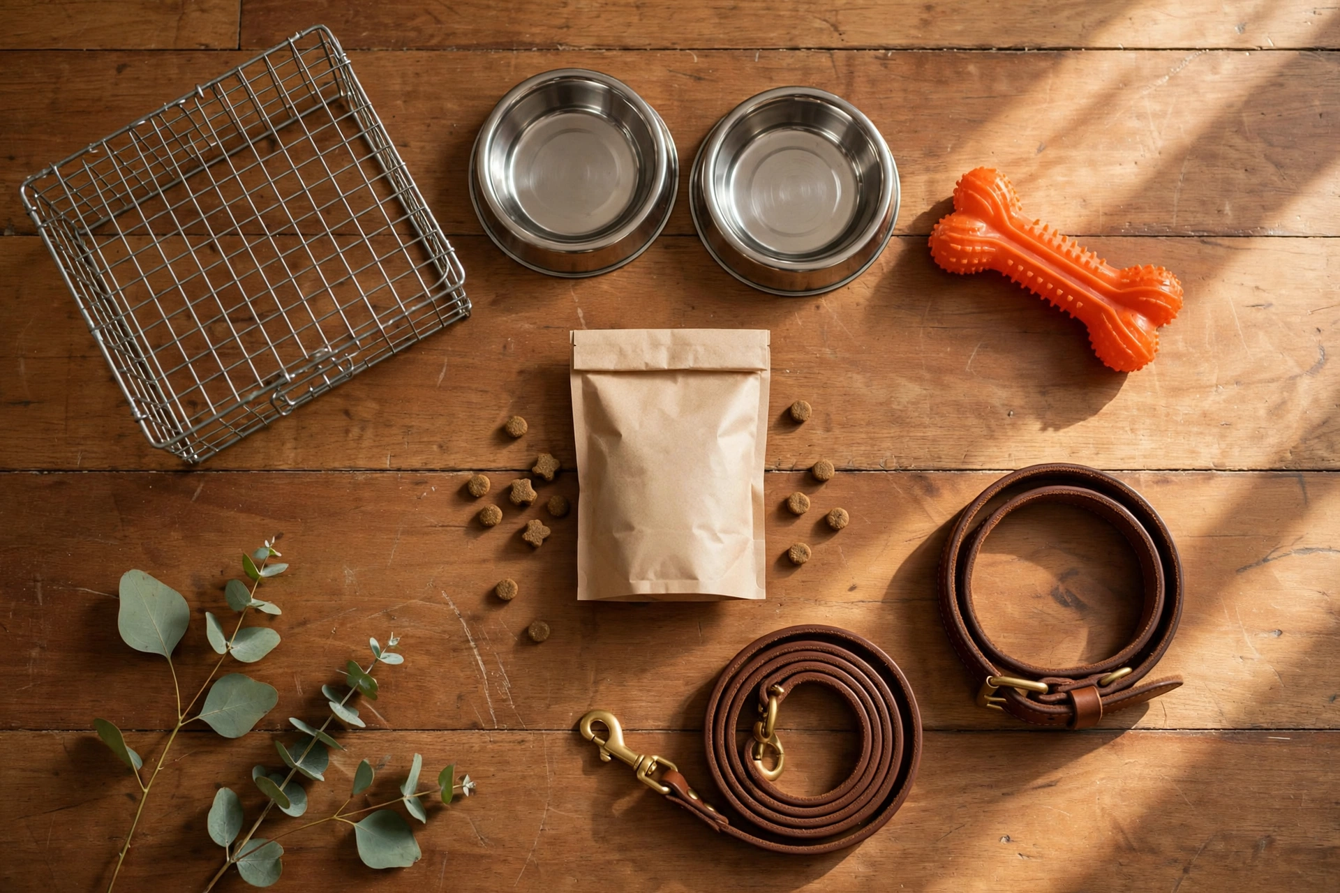 Flat-lay of puppy essentials: wire crate, bowls, chew toy, treats, collar and leash on a wooden floor