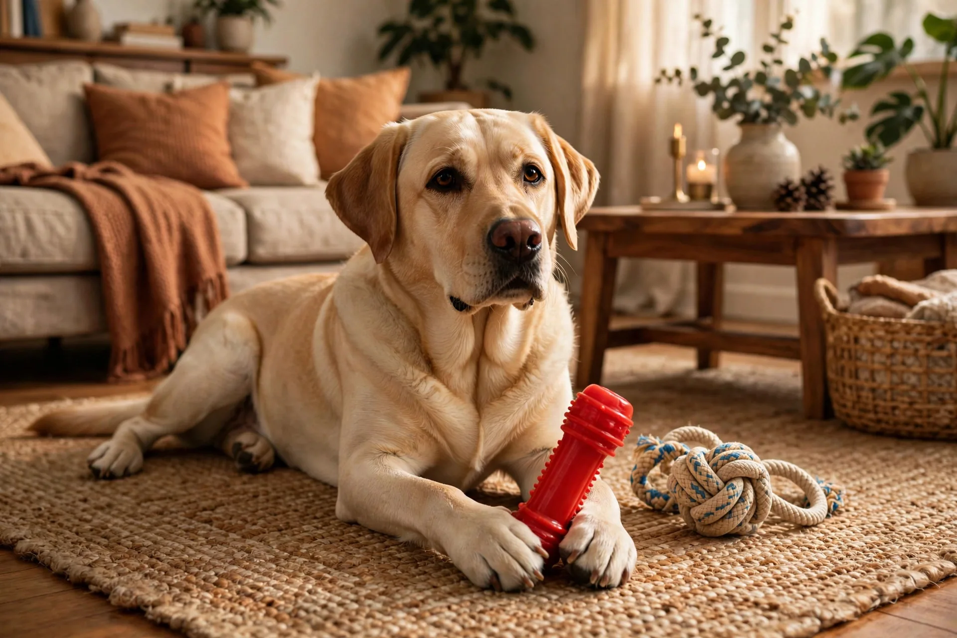 Dog holding a rubber chew toy with a knotted rope toy nearby on a rug