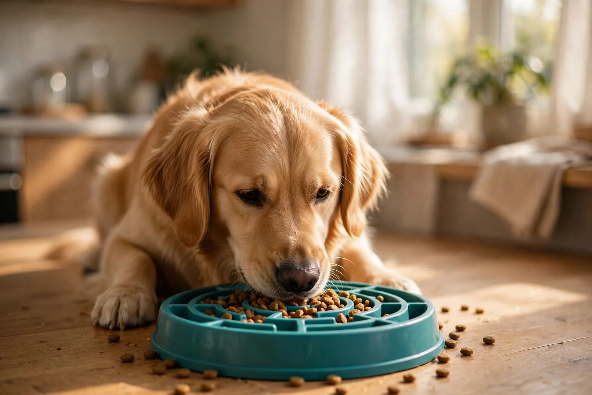 Golden retriever eating from a maze-pattern slow feeder bowl on a kitchen floor